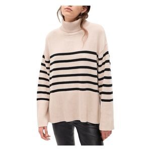 Gap 24/7 Split Hem Turtleneck Sweater Beige Black Breton Stripe Long Sleeve SP